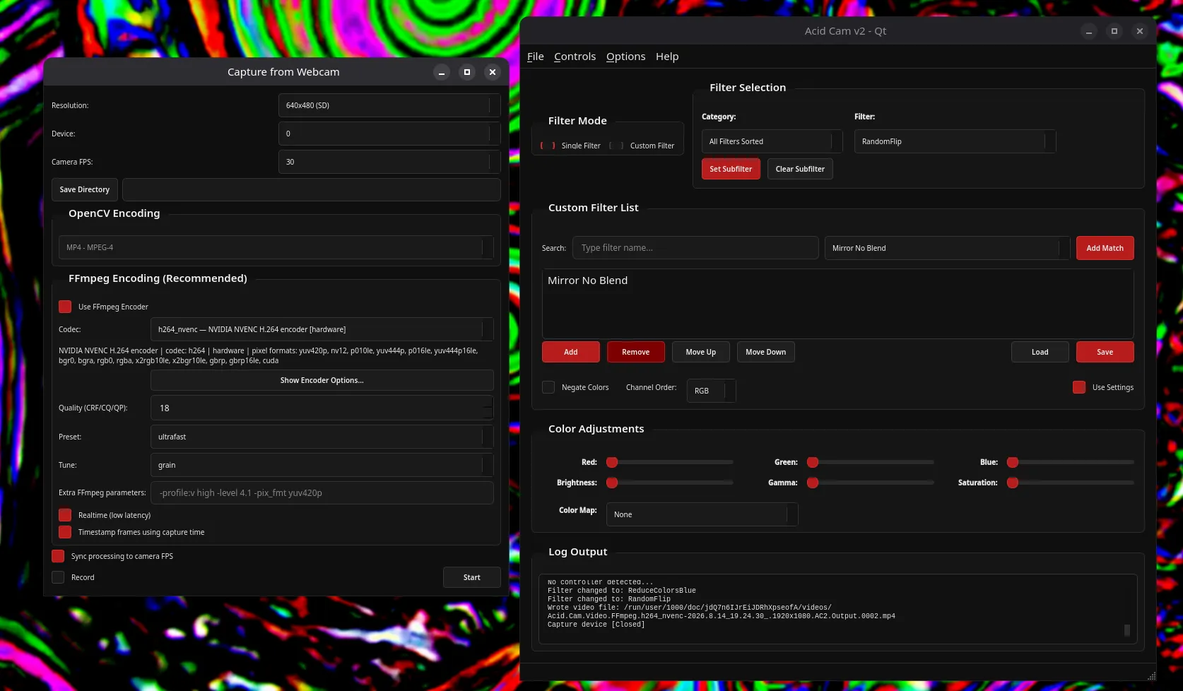 Acid Cam Qt running on Linux with webcam and filter controls open