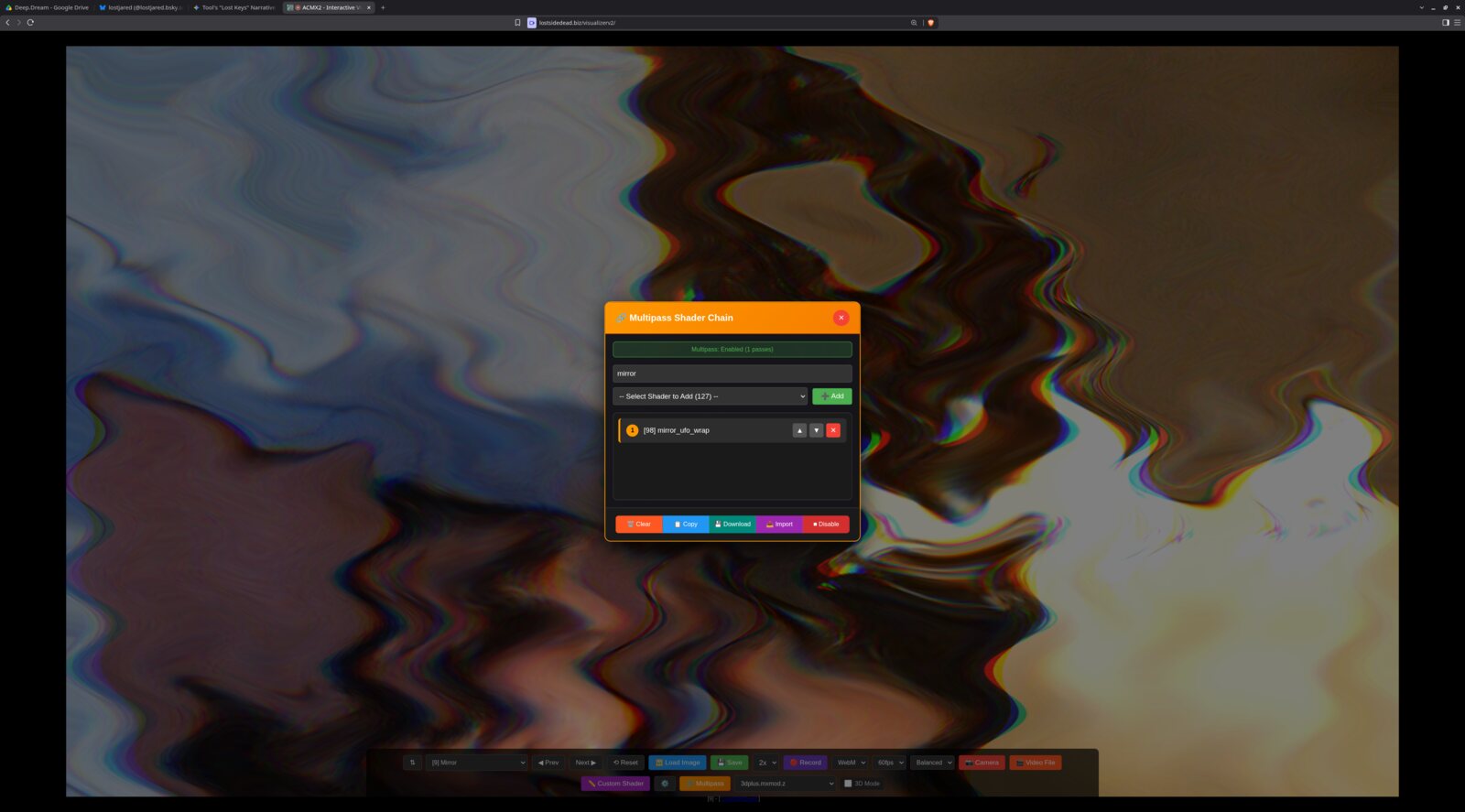 ACMX2 showing the multipass shader chain editor over a fluid distorted image
